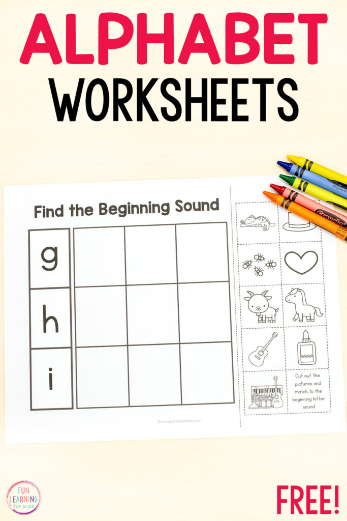 Free printable alphabet cut and paste worksheets for practice with letters and beginning sound isolation. A fun phonics worksheet for kids.