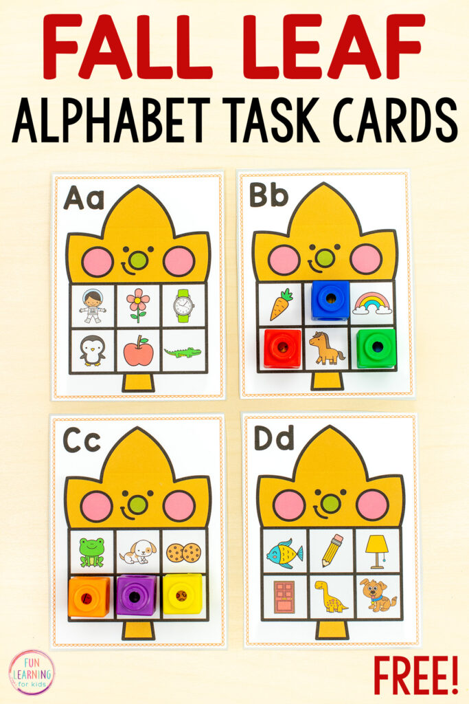 Free printable fall leaf beginning sounds task cards for learning letters and letters sounds in kindergarten and first grade. 