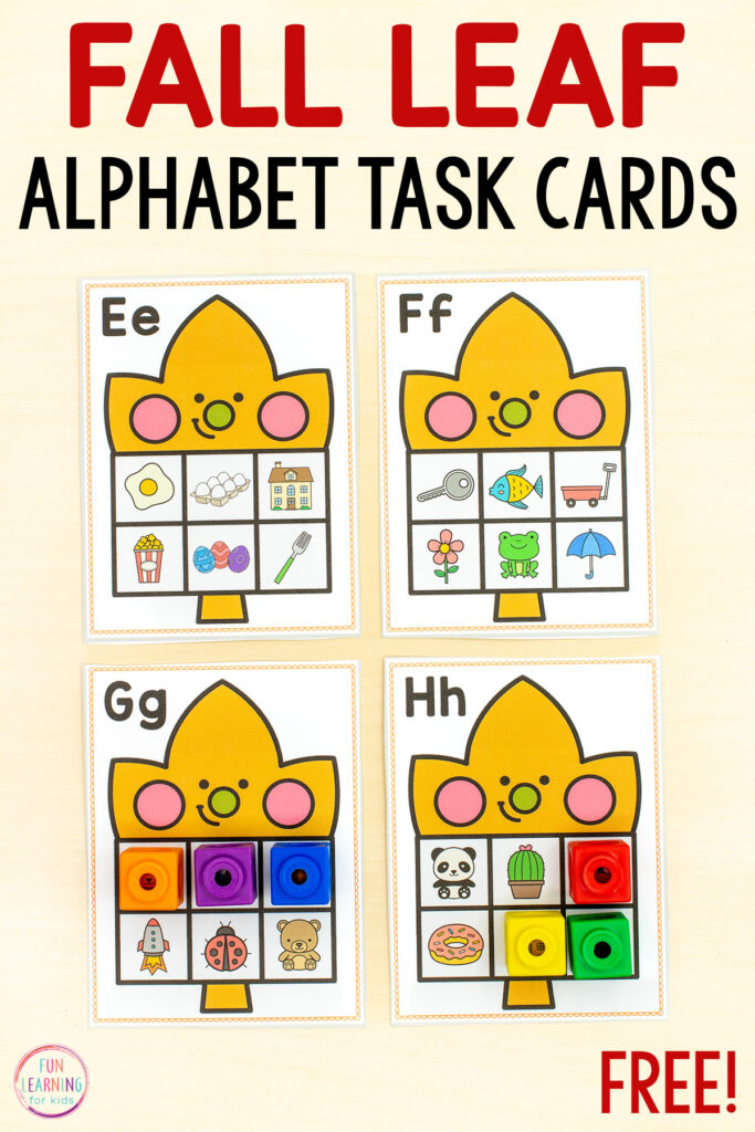 Fall theme beginning sounds alphabet task cards for learning letters and beginning letter sounds during fall literacy centers.
