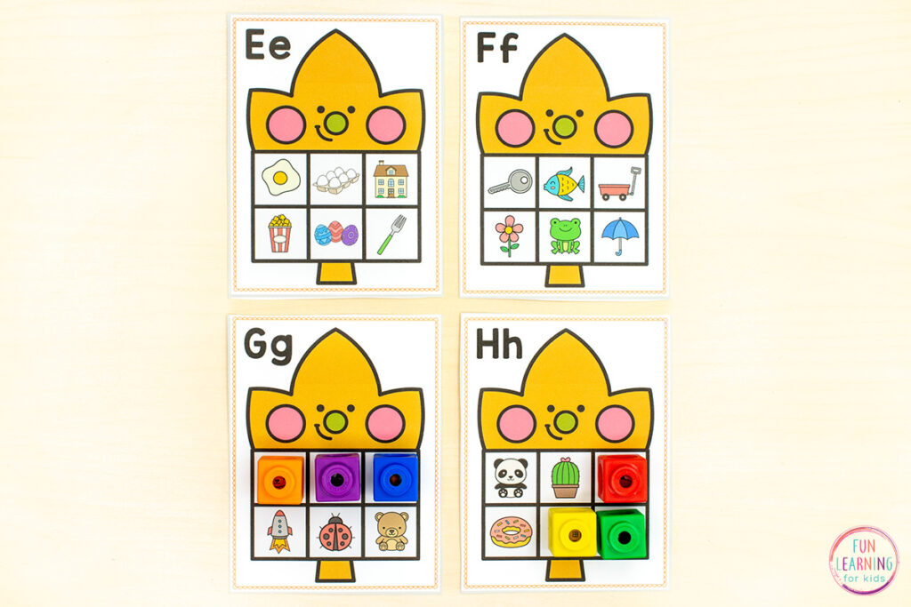 Fall phonics task cards for practice with letter identification and letter sounds.