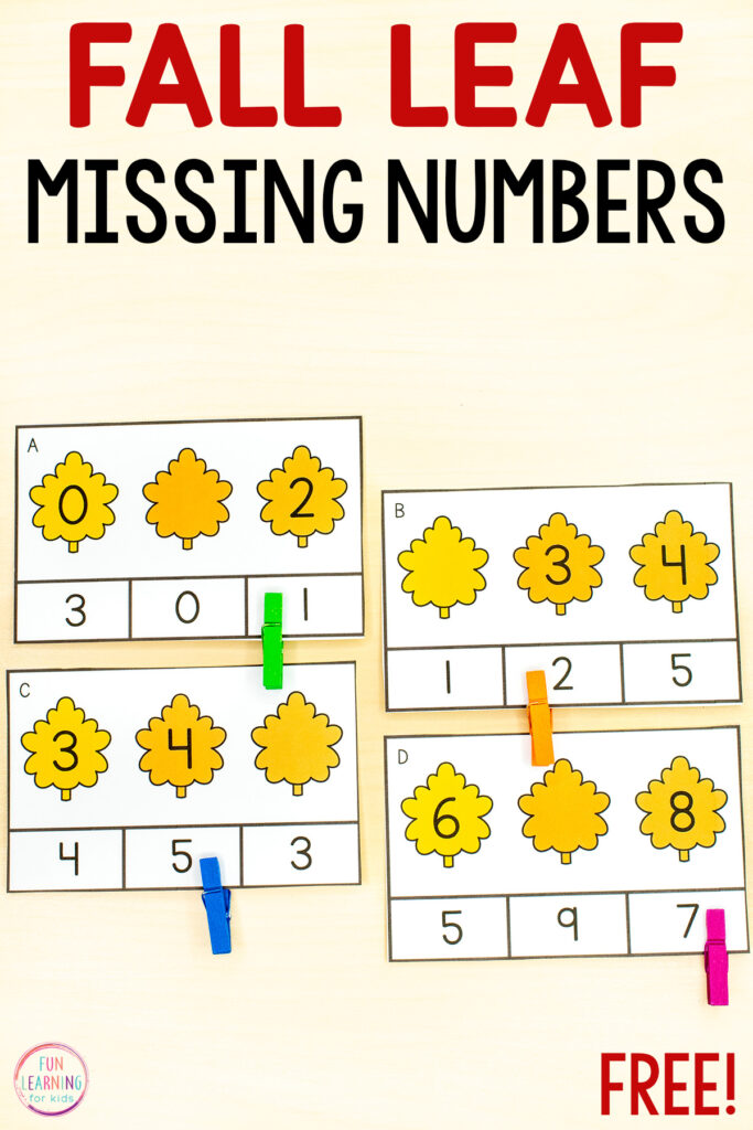 Free printable fall theme missing numbers math activity for learning to sequence numbers and develop number sense in kindergarten.