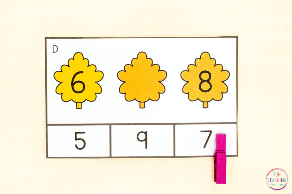 A fall number sense activity for your fall math centers in kindergarten.