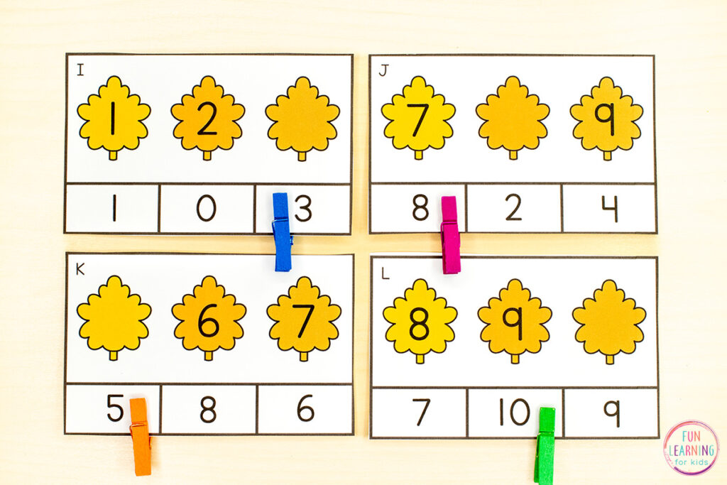 Free printable fall leaves math activity for kindergarten.