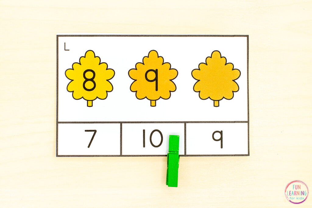 A free fall theme missing numbers math activity for kids.