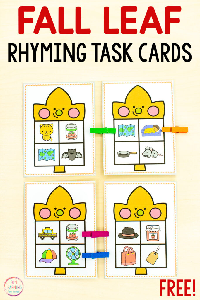 Free printable fall leaf rhyming task cards for practice with rhyming in preschool, pre-k and kindergarten.