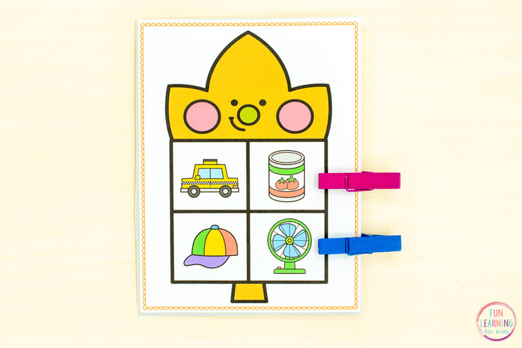 Rhyming task cards for hands-on practice with rhyming. Find the two words pictured on each card that rhyme and clip or mark them.