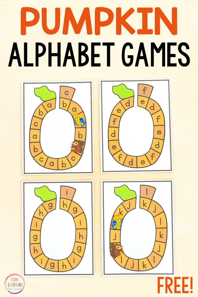 Free printable pumpkin alphabet board game task cards for learning letters and letter sounds.