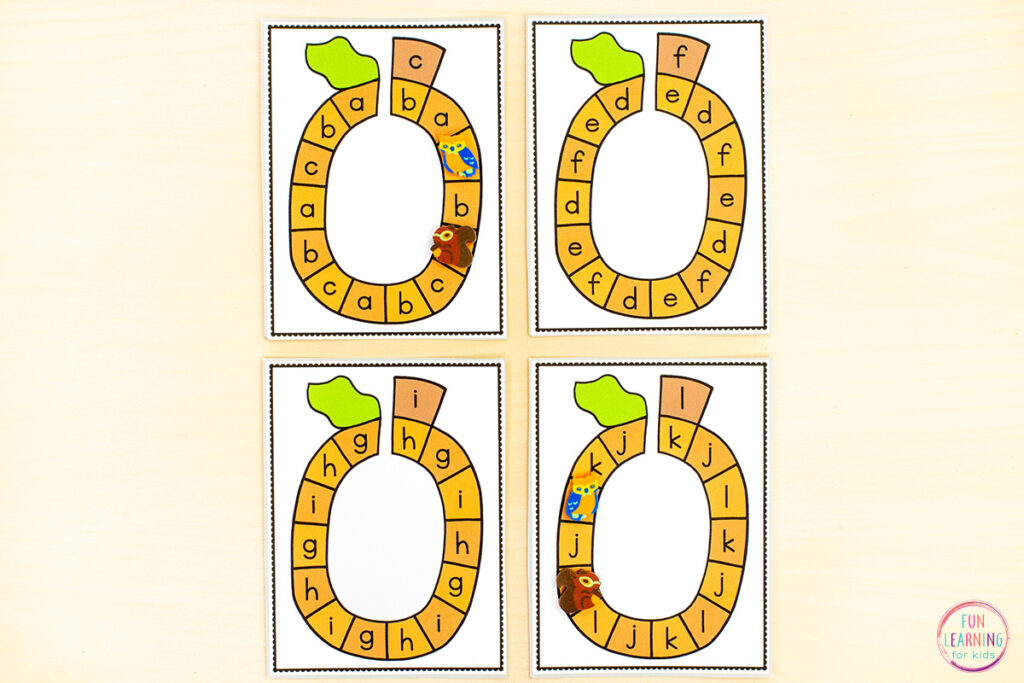 Free printable pumpkin board game alphabet activity for kids.