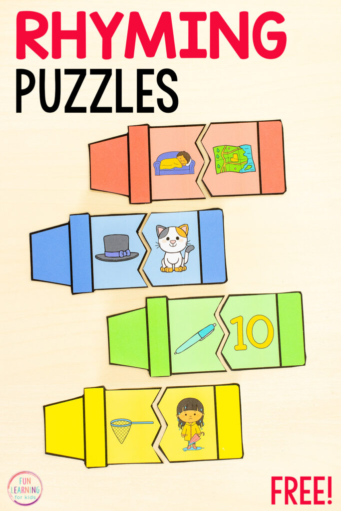 Free printable crayon rhyming puzzles phonological awareness activity for kids in preschool and kindergarten.