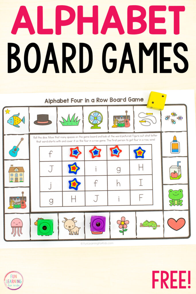 A fun alphabet board game for kids to learn letters and letter sounds in kindergarten and first grade.