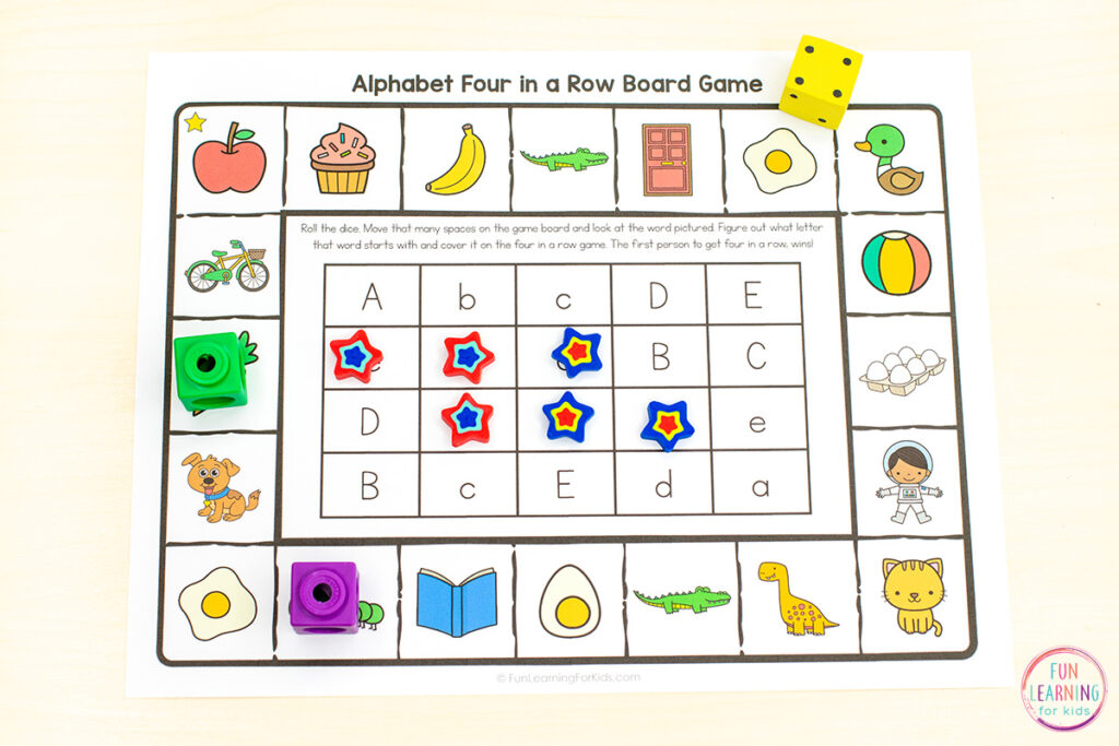 Alphabet beginning sounds board game for learning letters and letter sounds.