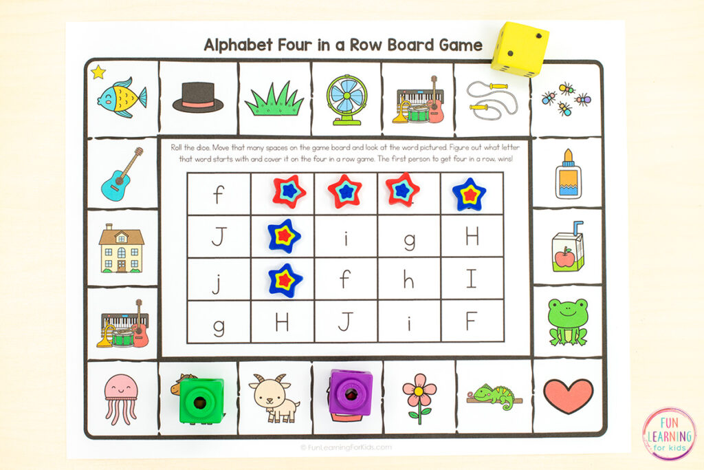 Free printable alphabet games for kids to practice letter sounds and letter sound isolation.