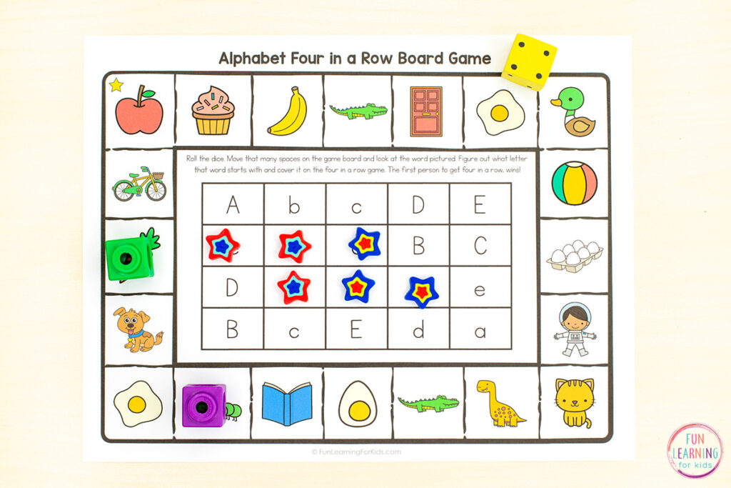 A printable alphabet board game for kids to practice letter recognition and letter sounds in a fun game format.