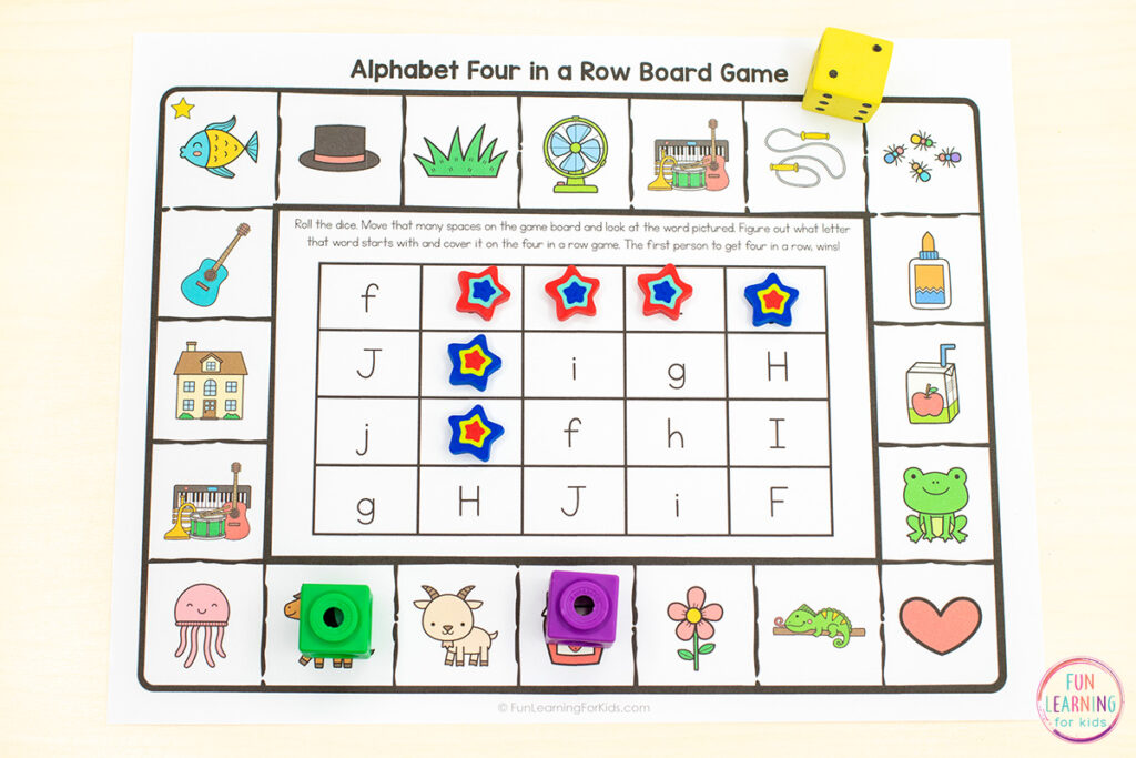 Free printable alphabet game that combines a board game and a four in a row game to make for lots of fun, hands-on alphabet practice.