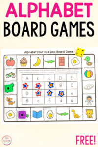 Alphabet four in a row board game for kids to learn letters and letter sounds.