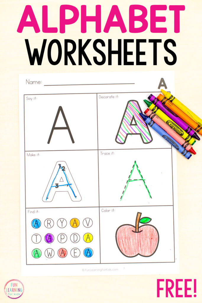 Free printable alphabet letter worksheets for practice with letters, letter tracing and letter sounds in preschool and kindergarten.