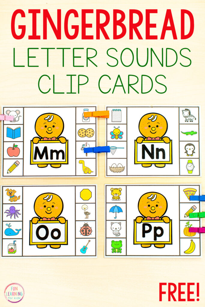 A free printable gingerbread theme beginning letter sounds task cards for learning letters and sounds in kindergarten.