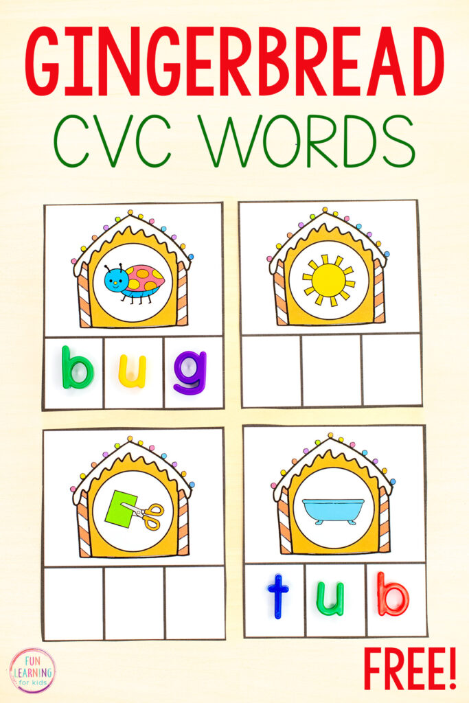 Gingerbread theme CVC words activity for learning to segment CVC words and then blend the sounds back together. Practice spelling CVC words this Christmas.