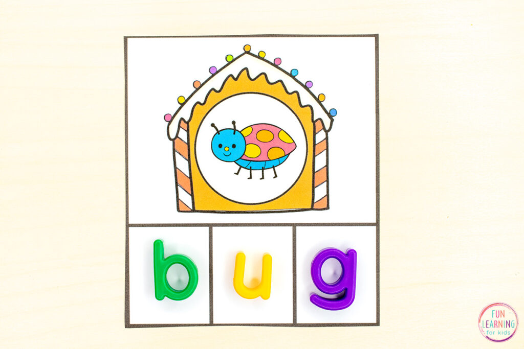 Gingerbread house CVC words activity for learning to segment and blend CVC words.
