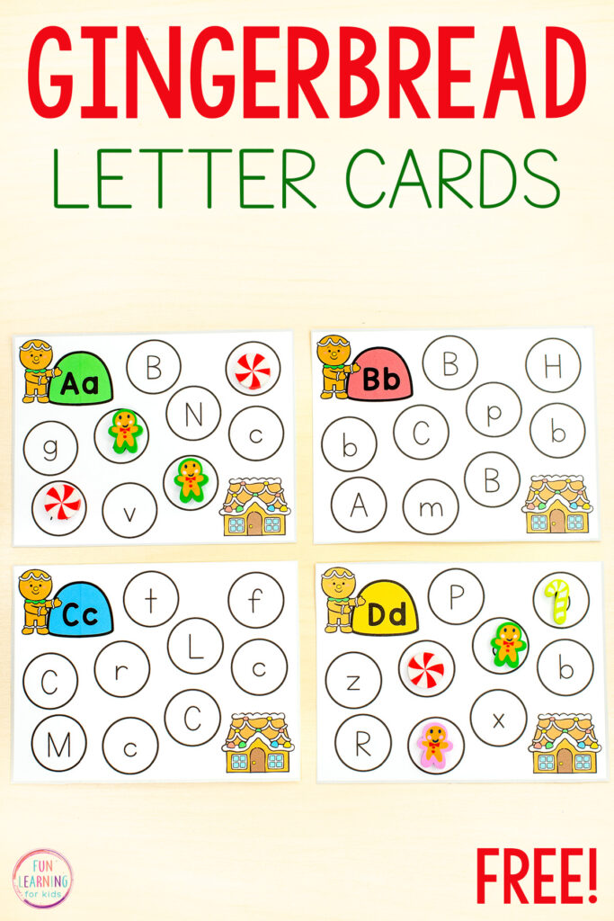 Gingerbread alphabet activity for learning letter recognition in preschool, pre-k and kindergarten.