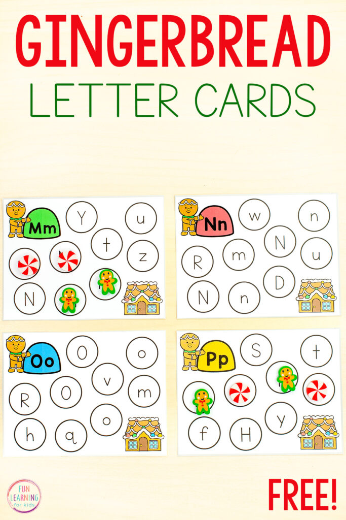 Free printable gingerbread letter recognition activity for your alphabet centers this holiday season.