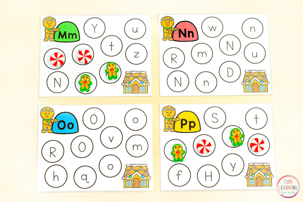 Gingerbread theme alphabet task cards activity for kids.