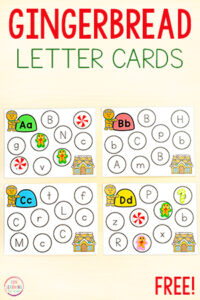 Gingerbread alphabet letter recognition task cards for kids to learn letters.