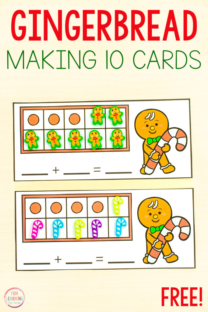 Free printable gingerbread theme making ten math activity for practice with friends of 10 in kindergarten.