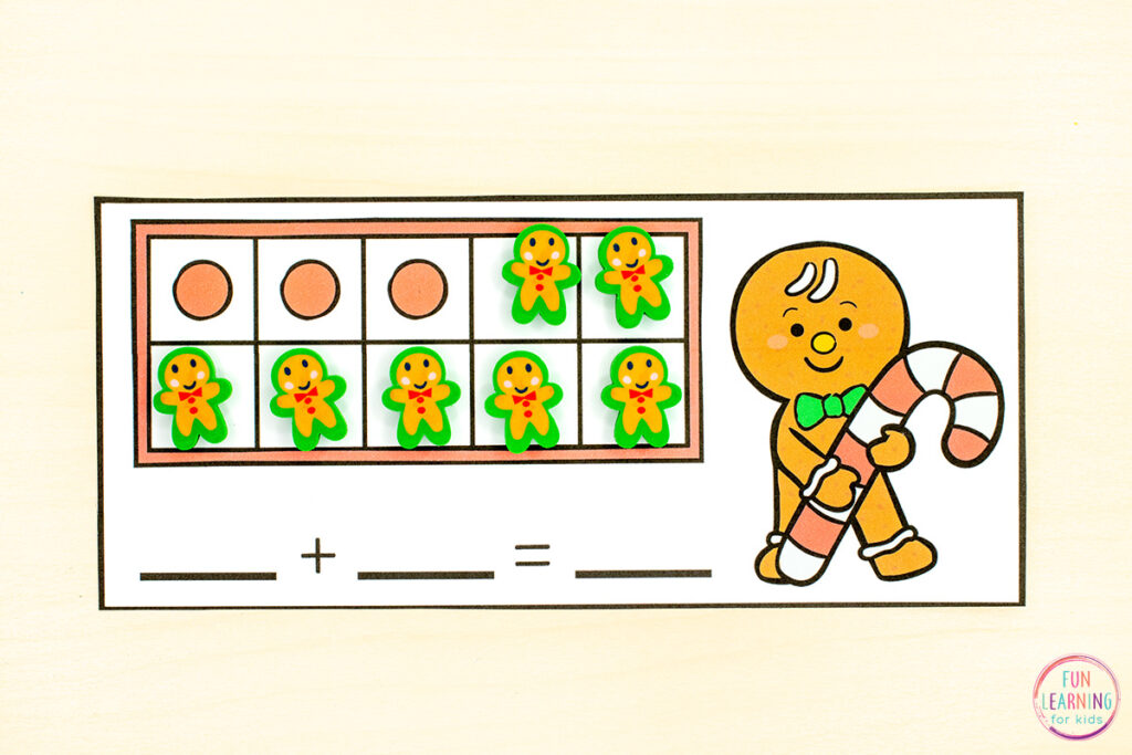 Gingerbread number sense math activity for practice finding the number that makes 10 when added to a given number.
