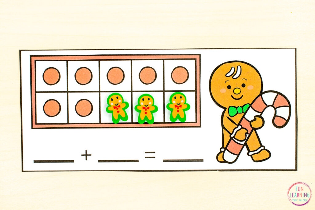 Free printable gingerbread theme math activity for kindergarten math centers.