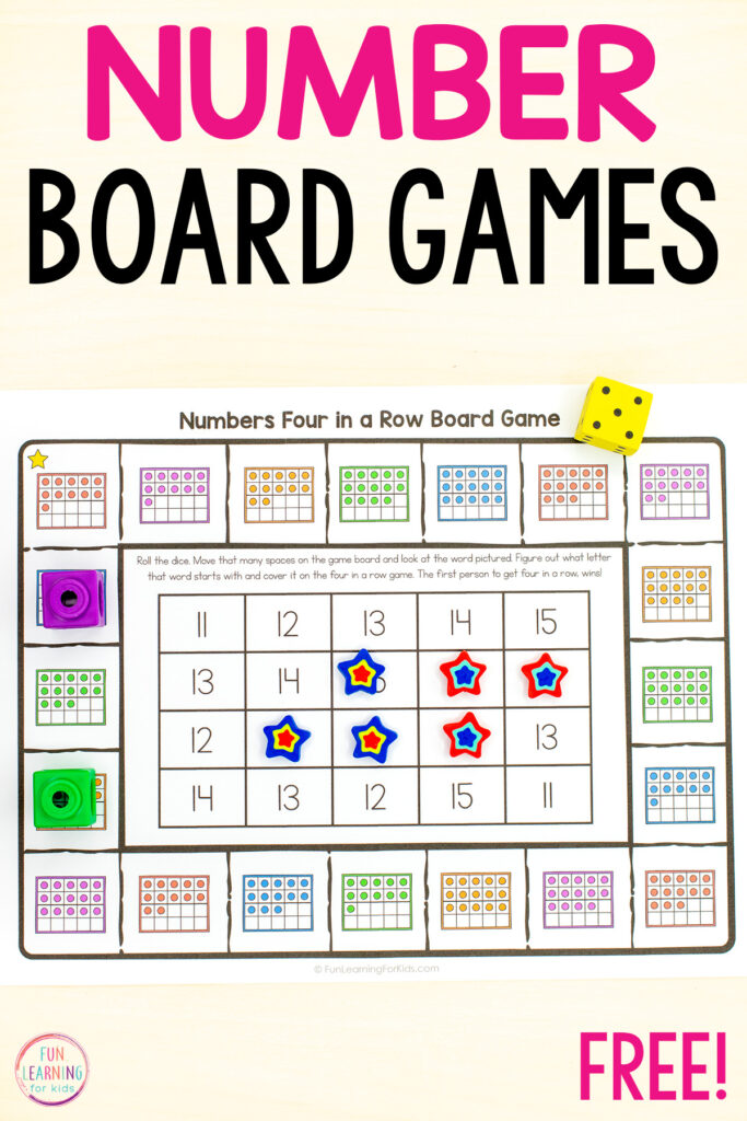 A fun number sense board game for learning numbers, counting and subitizing. Add to kindergarten math centers for fun and learning.
