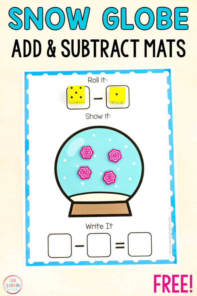 Winter addition and subtraction math activity for kids to practice adding and subtracting in a hands-on way.