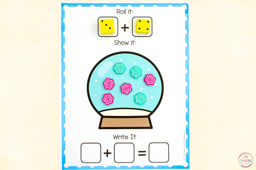 Winter theme addition and subtraction activity for kids to practice math skills in a hands-on way.