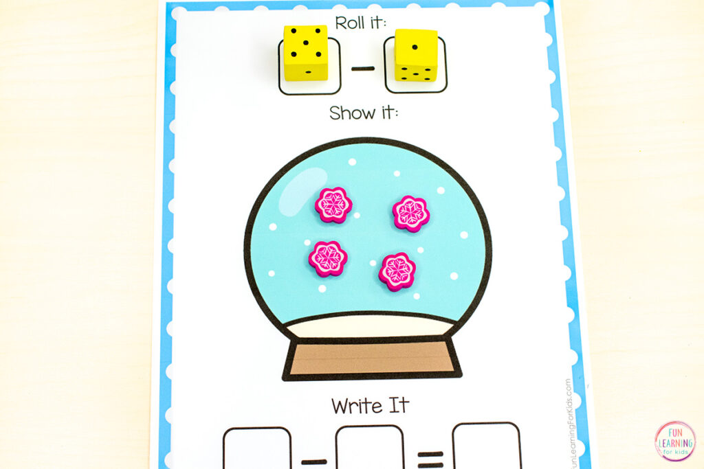 Snow globe addition and subtraction mats for hands-on practice with adding and subtracting and creating number sentences to match.