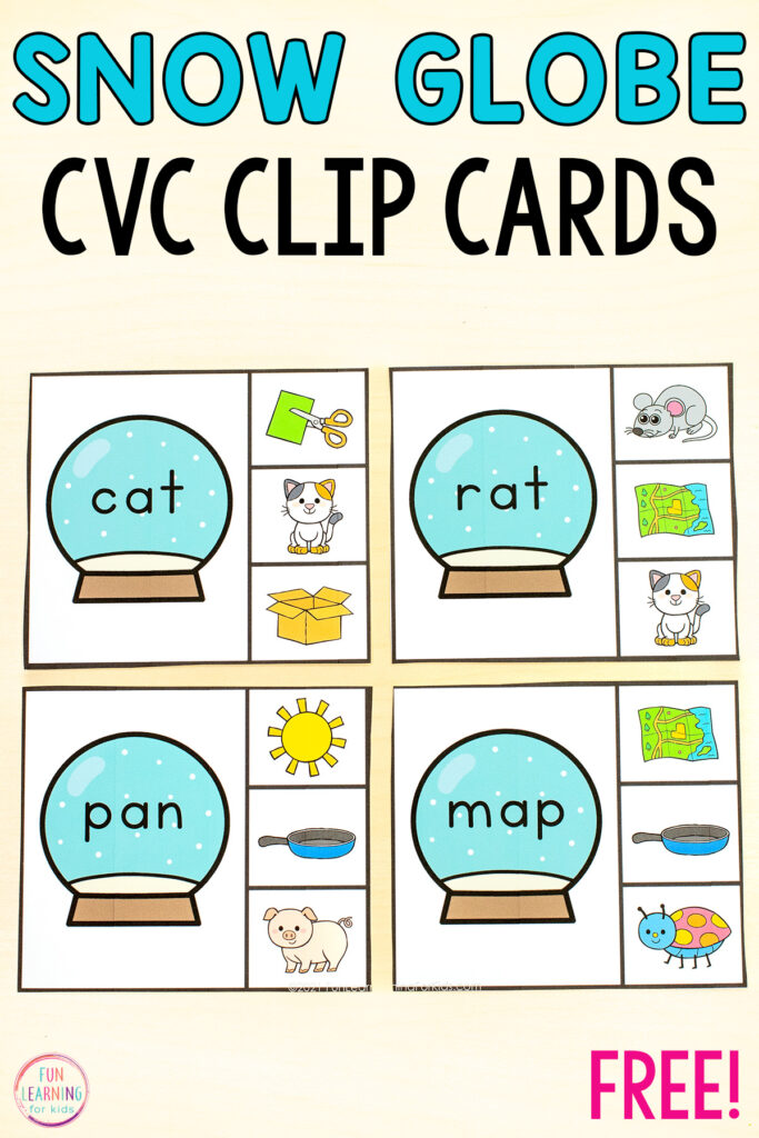 Snow globe CVC words clip cards for your winter literacy centers in kindergarten and first grade. A fun winter CVC activity.