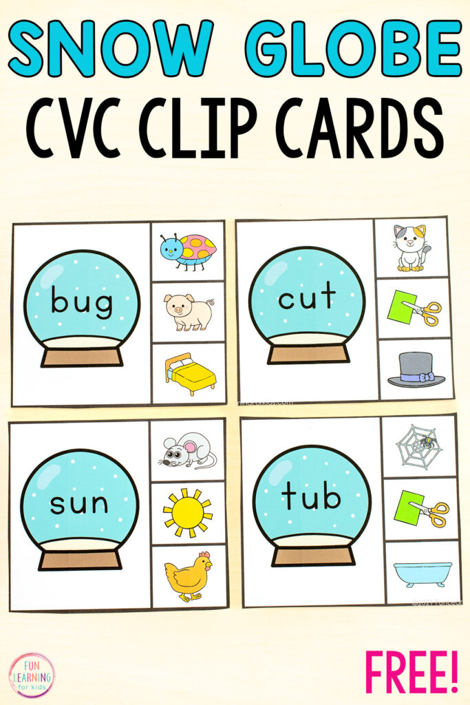 Winter CVC words phonics activity for practice with blending sounds and reading CVC words.