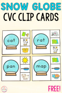Snow globe CVC clip cards winter phonics activity for kids.