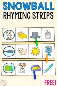 Winter rhyming activity for kids to develop phonological awareness.