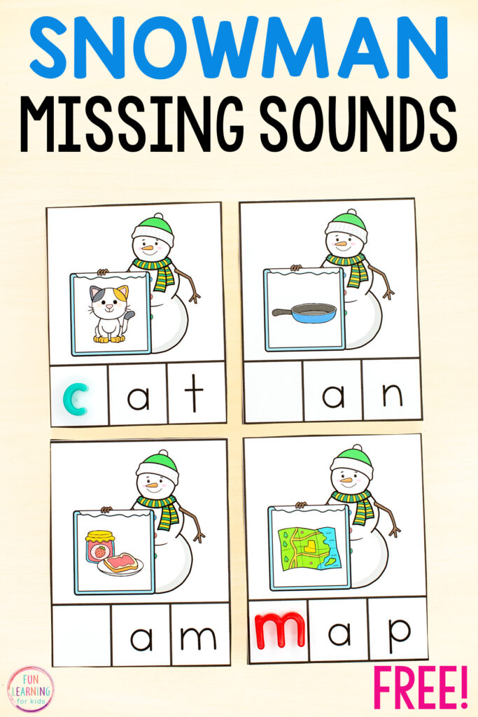 Free printable snowman adding beginning sounds task cards for practice with phonemic awareness during your reading lessons this winter.