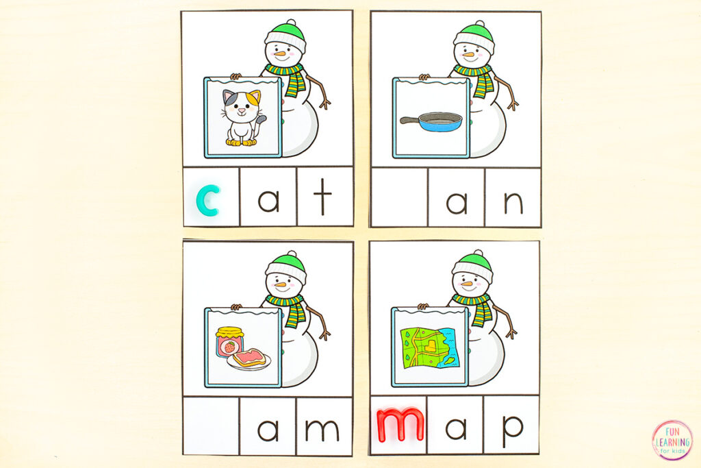 Adding missing sounds to complete CVC words is an engaging, hands-on way for kids to build phonemic awareness skills.