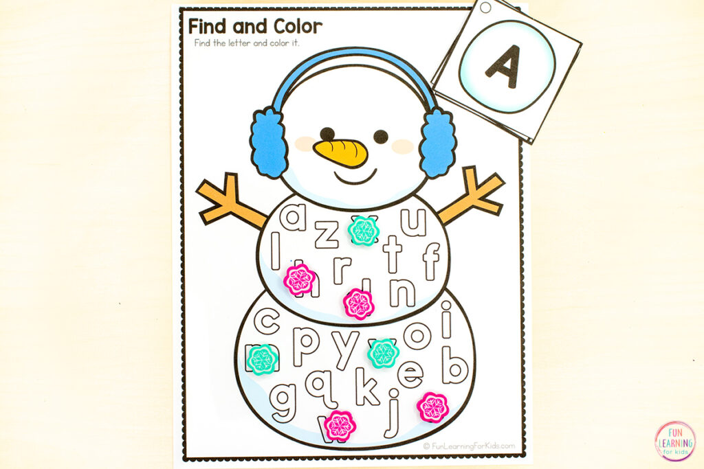 Snowman alphabet and letter sounds worksheets for winter literacy centers.
