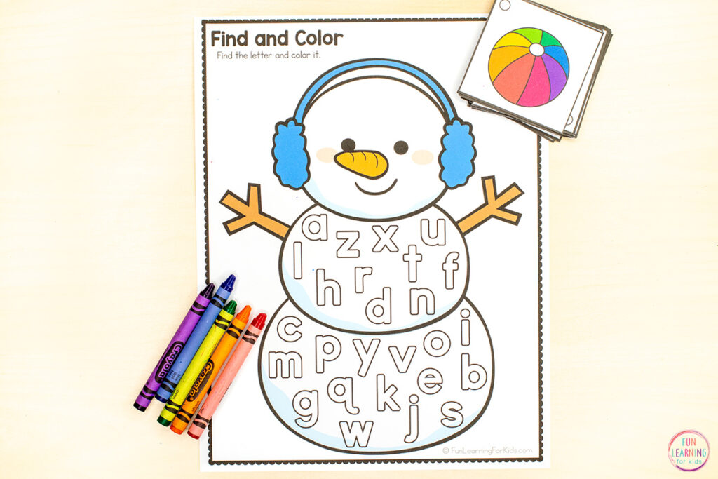Snowman theme alphabet worksheet for learning letter identification or letter sounds this Christmas or any time during winter.