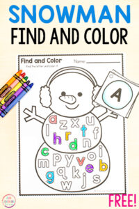 Snowman find and color the letter alphabet activity for kids.