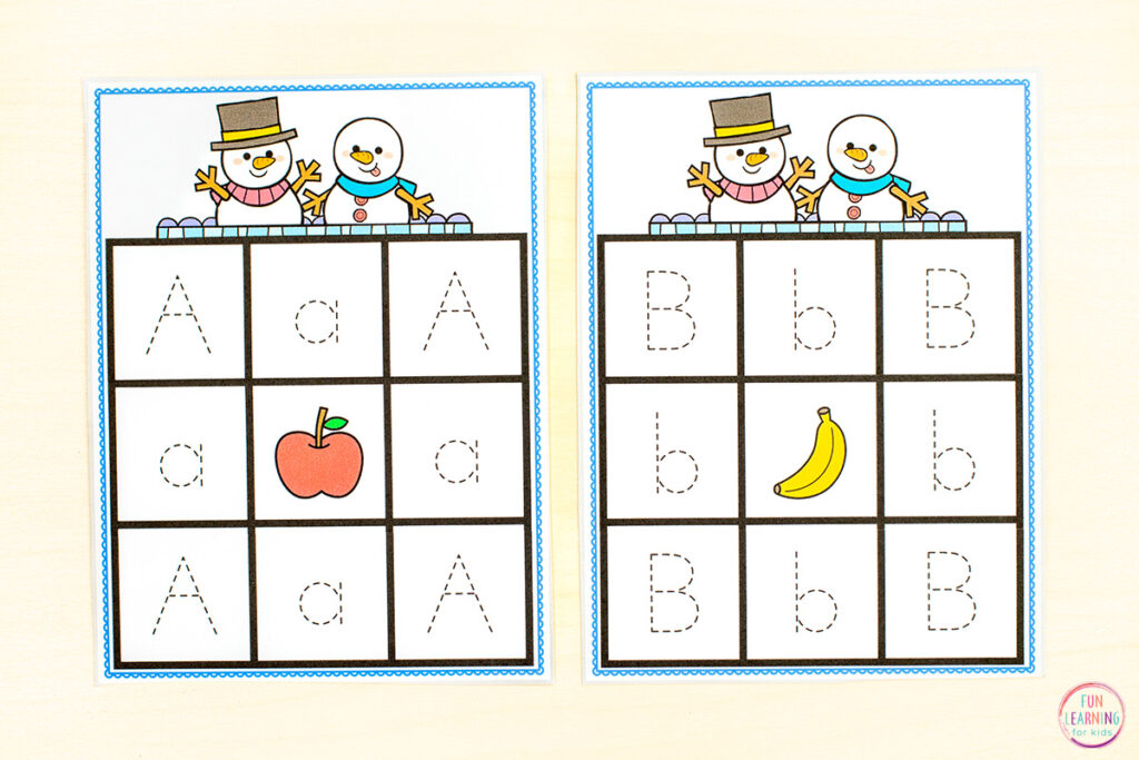 Winter letter tracing task cards for practice with writing uppercase and lowercase letters.