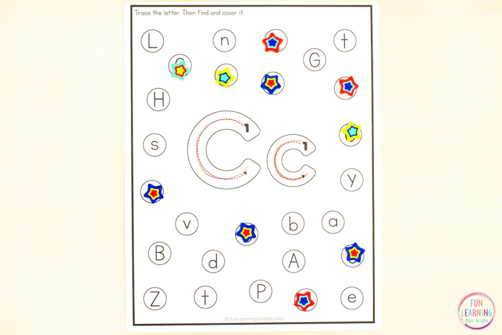 Find and cover the letter alphabet worksheets.