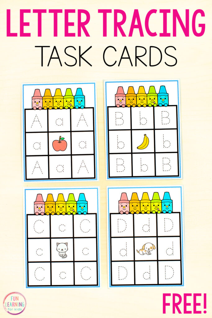 Printable alphabet letter tracing task cards for learning letter recognition and letter formation in preschool and kindergarten.