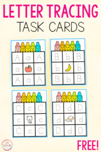 Free printable letter tracing alphabet task cards for learning letters and letter formation.
