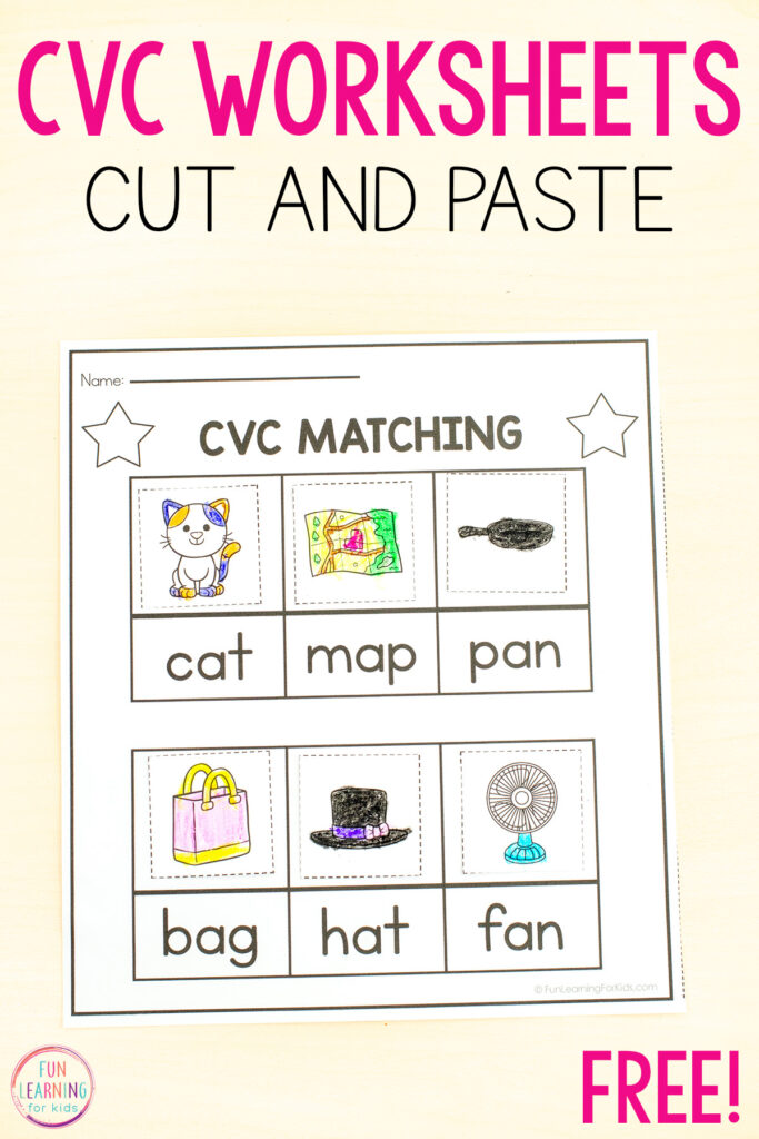 CVC word sorting worksheets for learning to read CVC words.