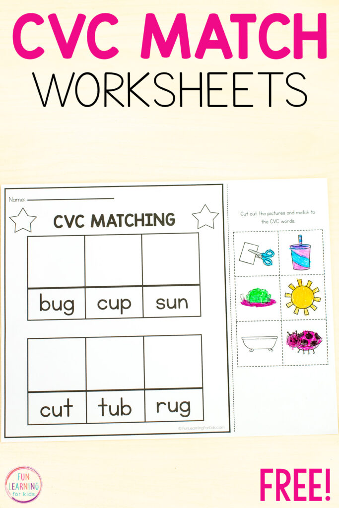 CVC word cut and paste sorting worksheets for learning to read CVC words.