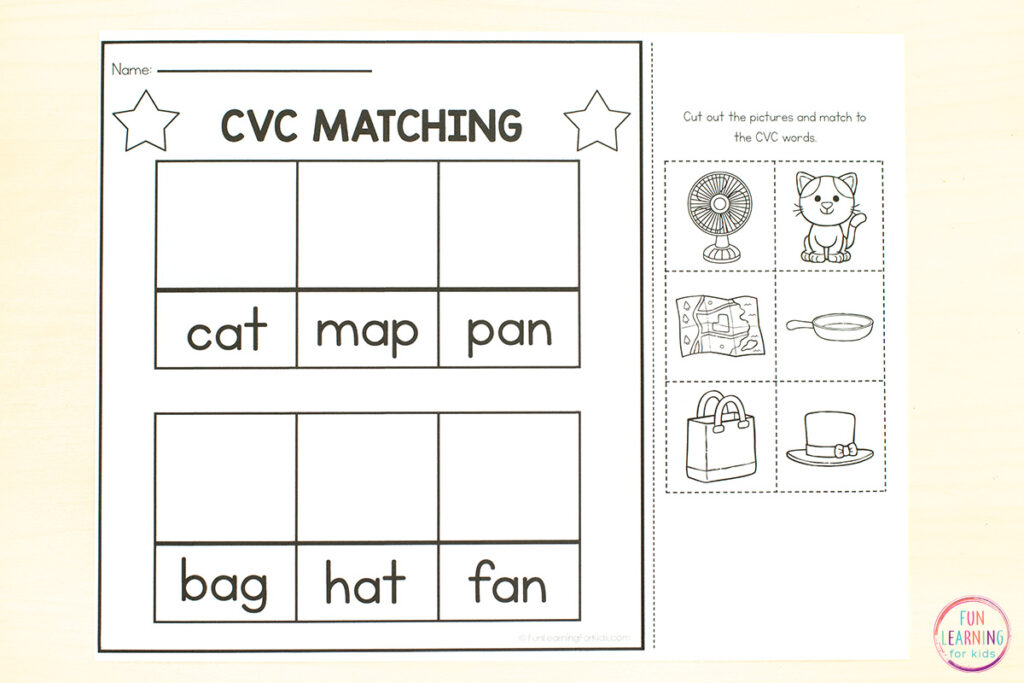 CVC word cut and paste worksheets for practice with blending sounds and reading CVC words.